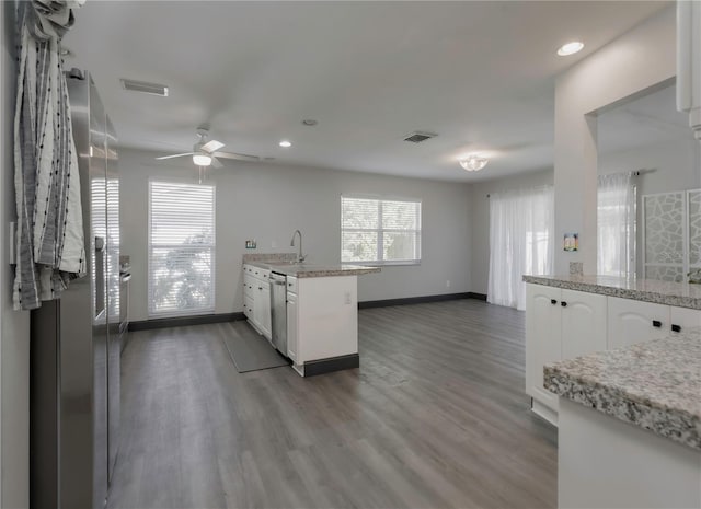 kitchen featuring stainless steel dishwasher, dark hardwood / wood-style floors, white cabinetry, and sink