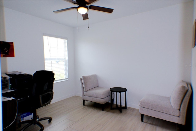 office area featuring ceiling fan and light hardwood / wood-style floors