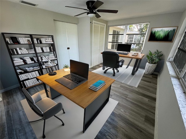 office featuring ceiling fan and dark wood-type flooring