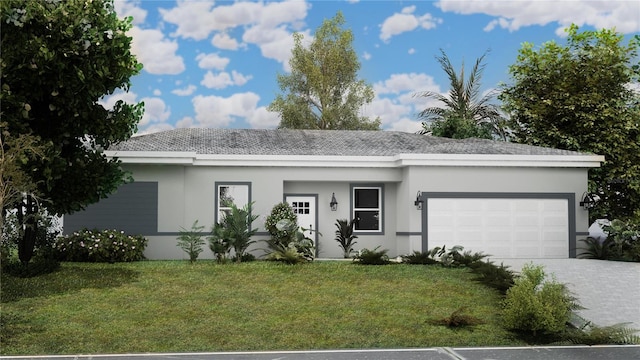 ranch-style home with a front yard and a garage