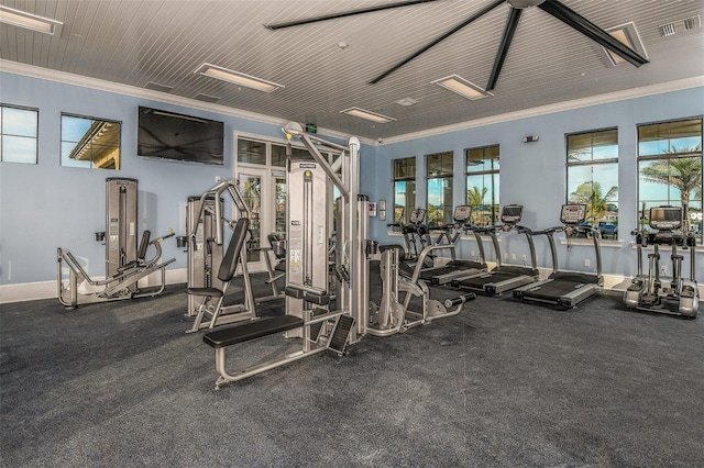 exercise room with ornamental molding