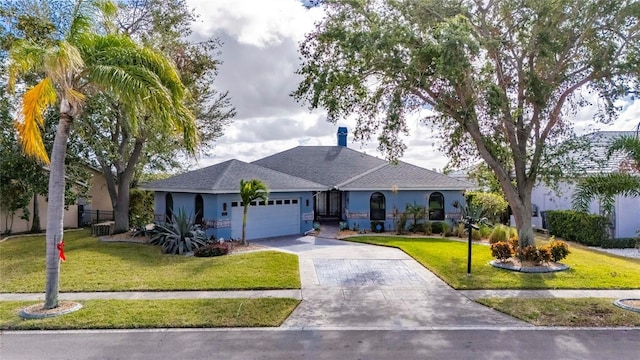 single story home with a garage and a front yard