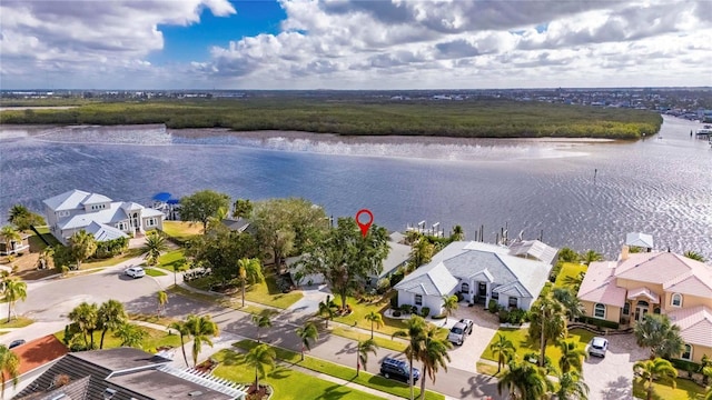 aerial view featuring a water view