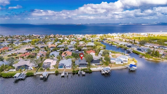 drone / aerial view featuring a water view