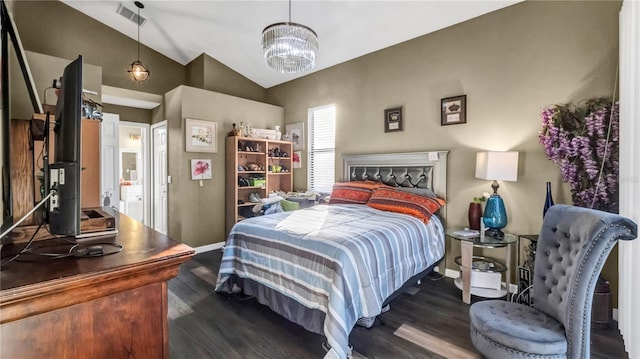 bedroom with lofted ceiling, dark wood-type flooring, and an inviting chandelier