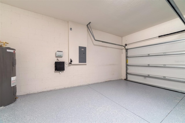 garage with electric panel and water heater