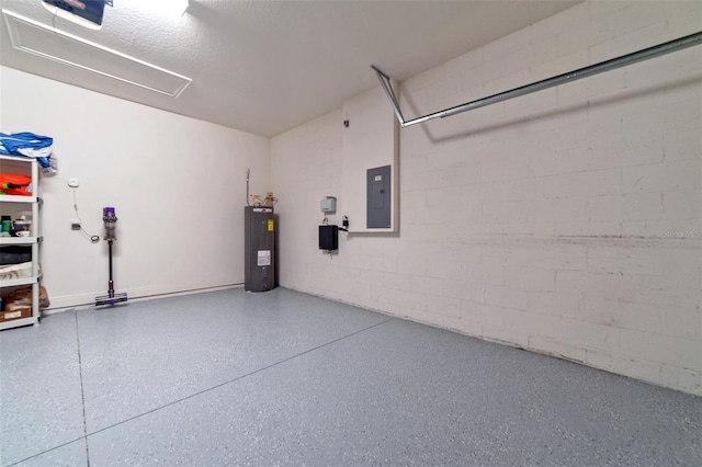 garage with electric panel, water heater, and a garage door opener