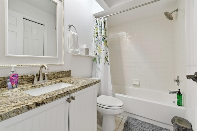 bathroom with toilet, tile patterned flooring, shower / tub combo with curtain, and vanity