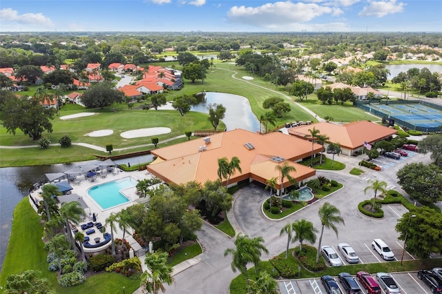 aerial view with a water view and a residential view