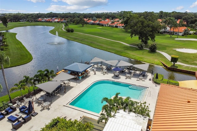 4327 Murfield Dr E, Bradenton, FL 34203 - pool featuring golf course view, a patio area, a gazebo, a water view, and a yard