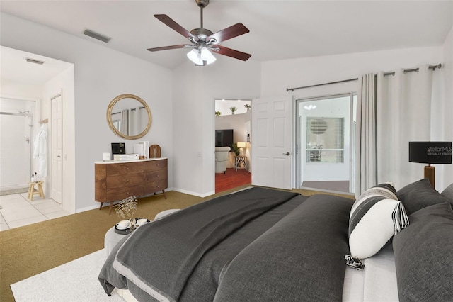 4327 Murfield Dr E, Bradenton, FL 34203 - bedroom with carpet flooring, a ceiling fan, visible vents, and vaulted ceiling