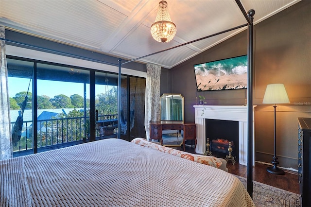 bedroom with hardwood / wood-style flooring, a notable chandelier, lofted ceiling, and wood ceiling