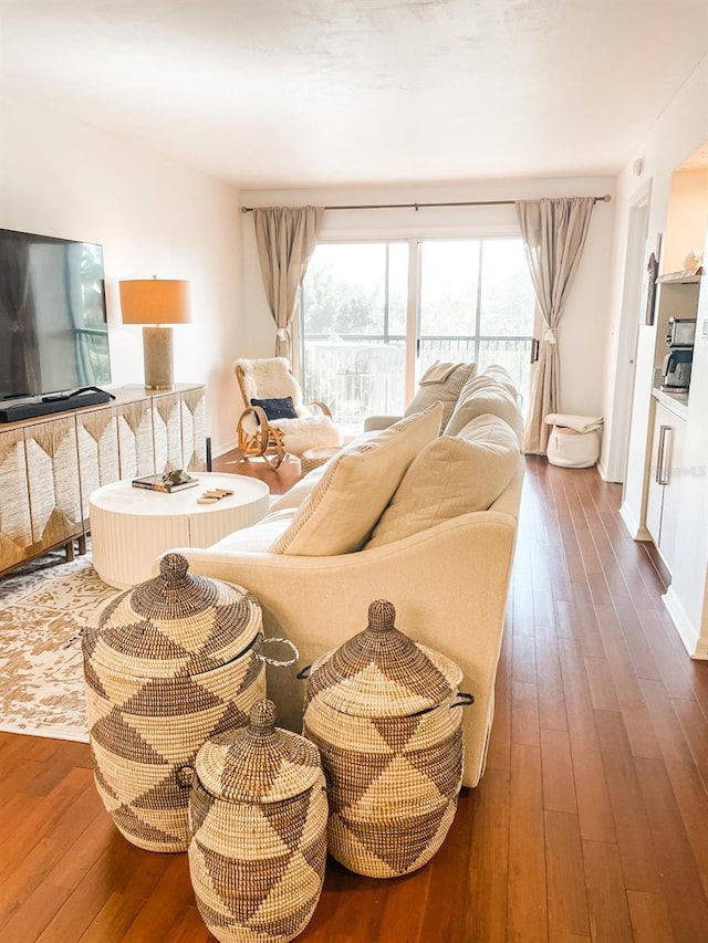 living room with dark hardwood / wood-style flooring