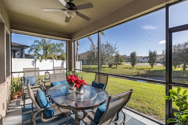 sunroom / solarium featuring ceiling fan