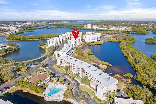 aerial view featuring a water view