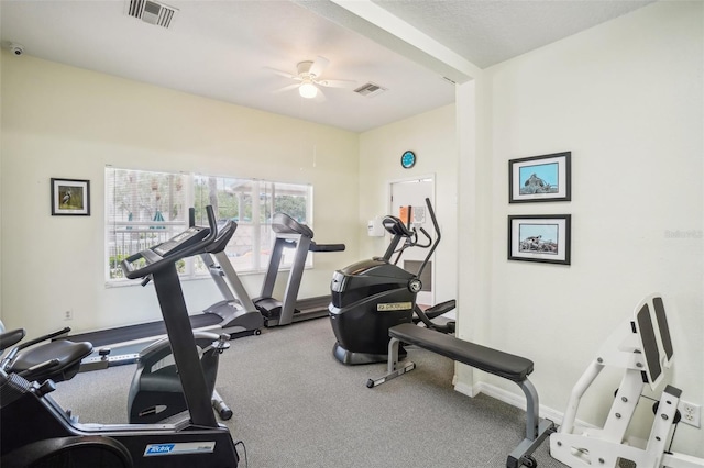 workout area with ceiling fan and carpet floors