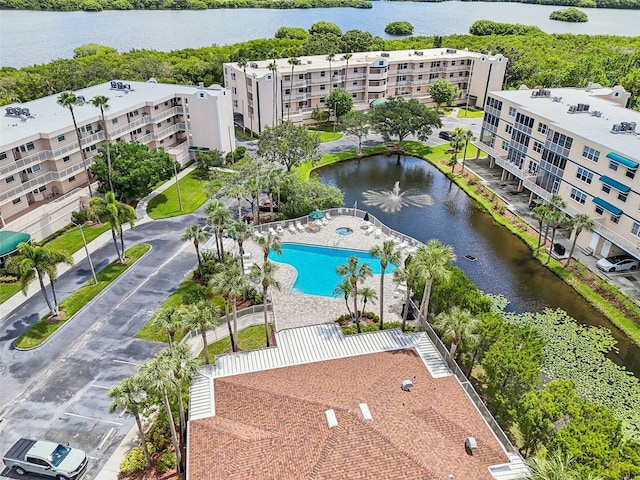 aerial view featuring a water view