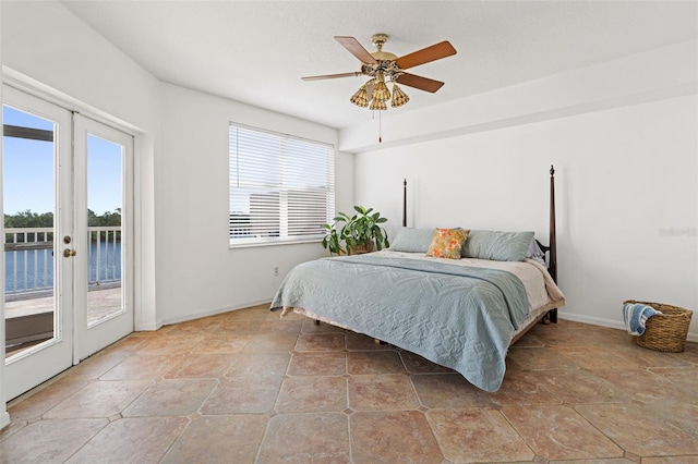 bedroom featuring access to exterior, ceiling fan, and french doors