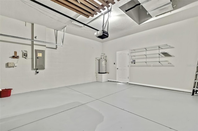 garage with electric panel, water heater, and a garage door opener