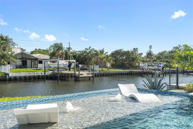 view of pool with a water view, a boat dock, and fence