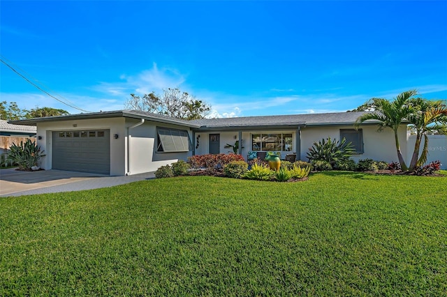 ranch-style home featuring a garage, stucco siding, concrete driveway, and a front yard