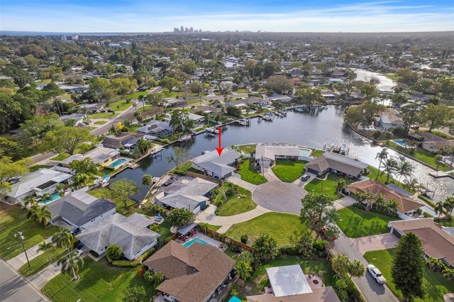 aerial view featuring a residential view and a water view