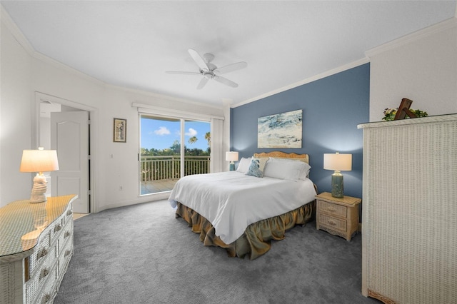 carpeted bedroom featuring ceiling fan, crown molding, and access to outside