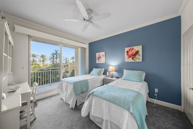 bedroom with dark colored carpet, access to outside, ceiling fan, and ornamental molding