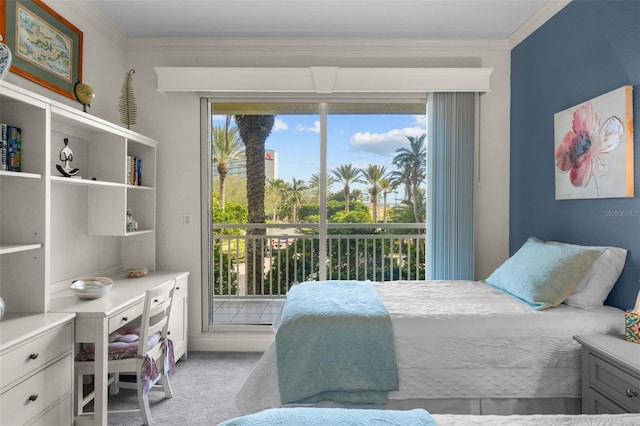 carpeted bedroom with access to outside, multiple windows, and ornamental molding