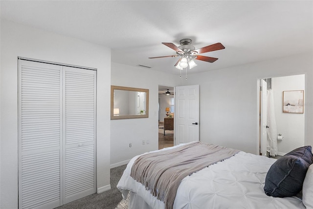 carpeted bedroom with a closet and ceiling fan