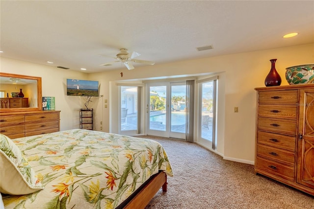 carpeted bedroom with access to outside and ceiling fan