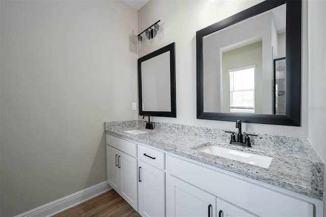 bathroom with hardwood / wood-style floors and vanity