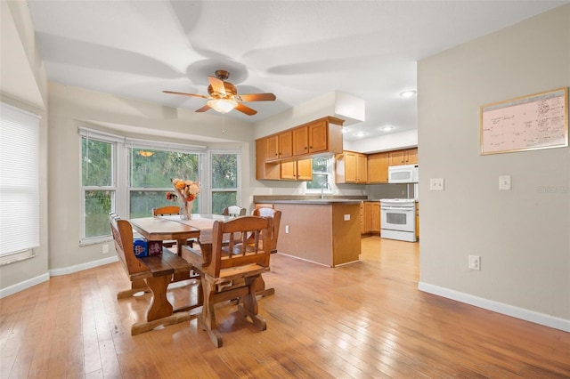 dining area featuring ceiling fan, sink, and light hardwood / wood-style flooring