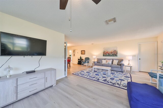 living room featuring a textured ceiling, light hardwood / wood-style floors, and ceiling fan