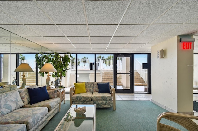 carpeted living room featuring a drop ceiling and expansive windows