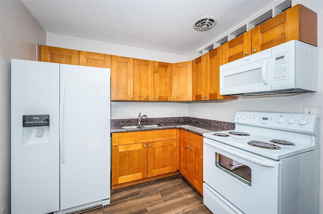 kitchen featuring dark hardwood / wood-style flooring, white appliances, and sink