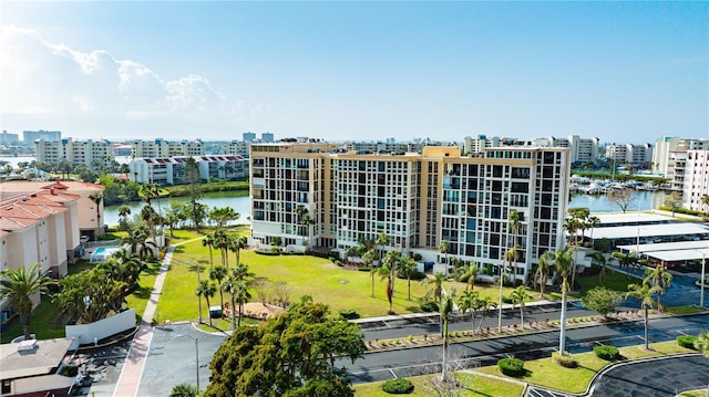 view of building exterior featuring a water view