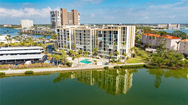 birds eye view of property featuring a water view