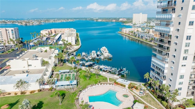 birds eye view of property with a water view