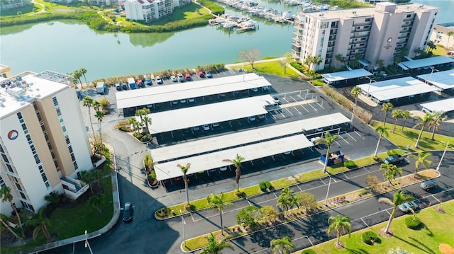 bird's eye view with a water view