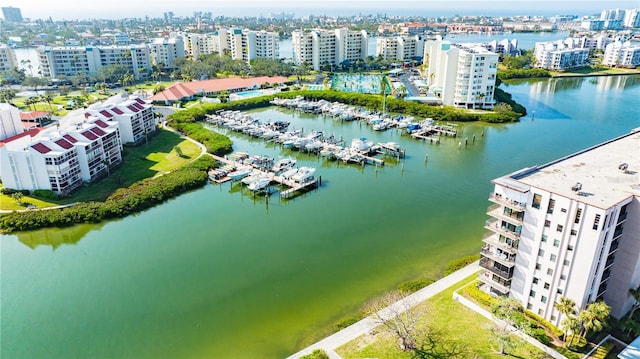 bird's eye view with a water view