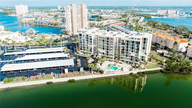 drone / aerial view with a water view