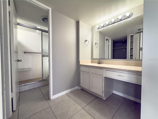 bathroom with tile patterned flooring, vanity, and a shower with shower door