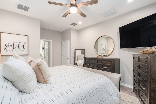 bedroom with recessed lighting, visible vents, and light colored carpet