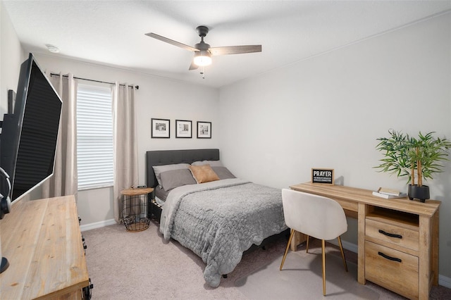 bedroom featuring carpet flooring, ceiling fan, and baseboards