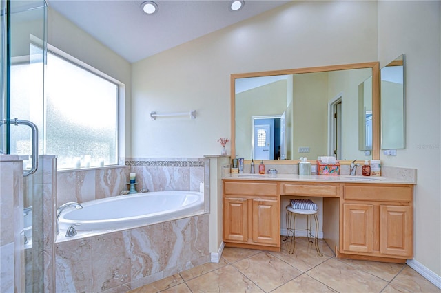 bathroom with separate shower and tub, tile patterned flooring, vanity, and lofted ceiling