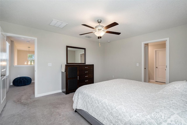 bedroom with light carpet and ceiling fan