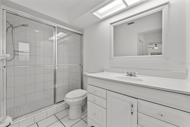 bathroom featuring vanity, ceiling fan, toilet, and walk in shower