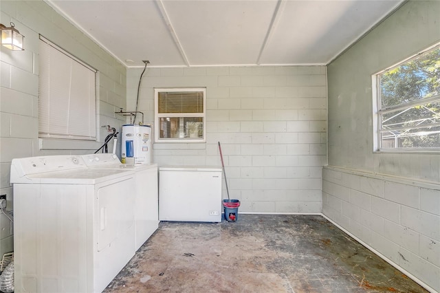 washroom with washing machine and dryer and electric water heater