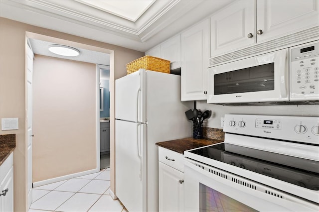 kitchen with white cabinetry, white appliances, crown molding, and light tile patterned floors